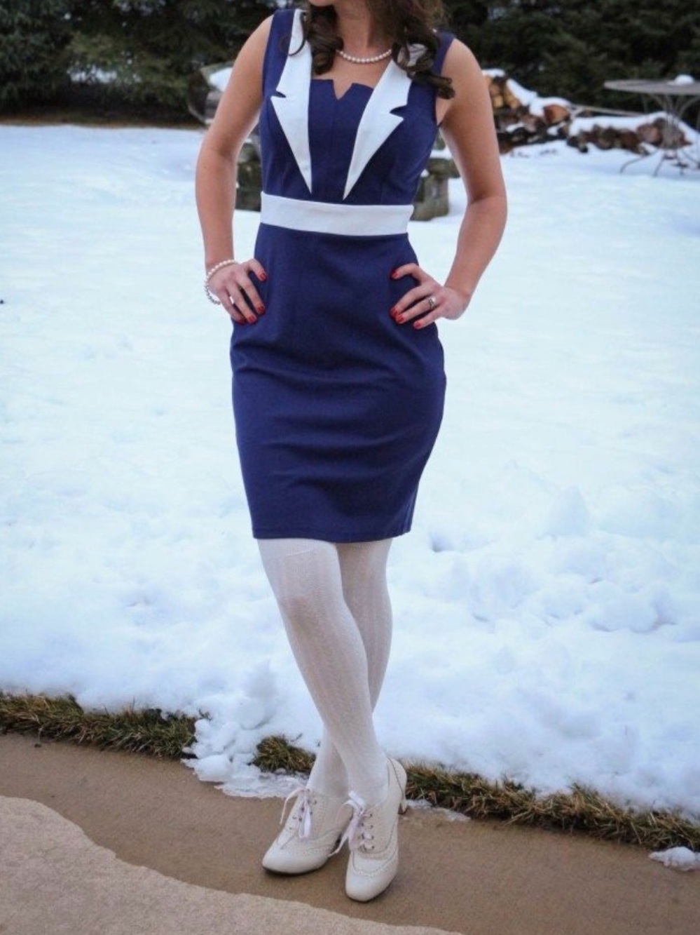 Mystic Navy Midi Sheath Dress with Cream Trim